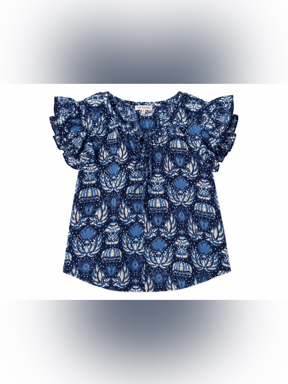 John Robshaw Navy and Light Blue Floral-Print Flutter Sleeve Top